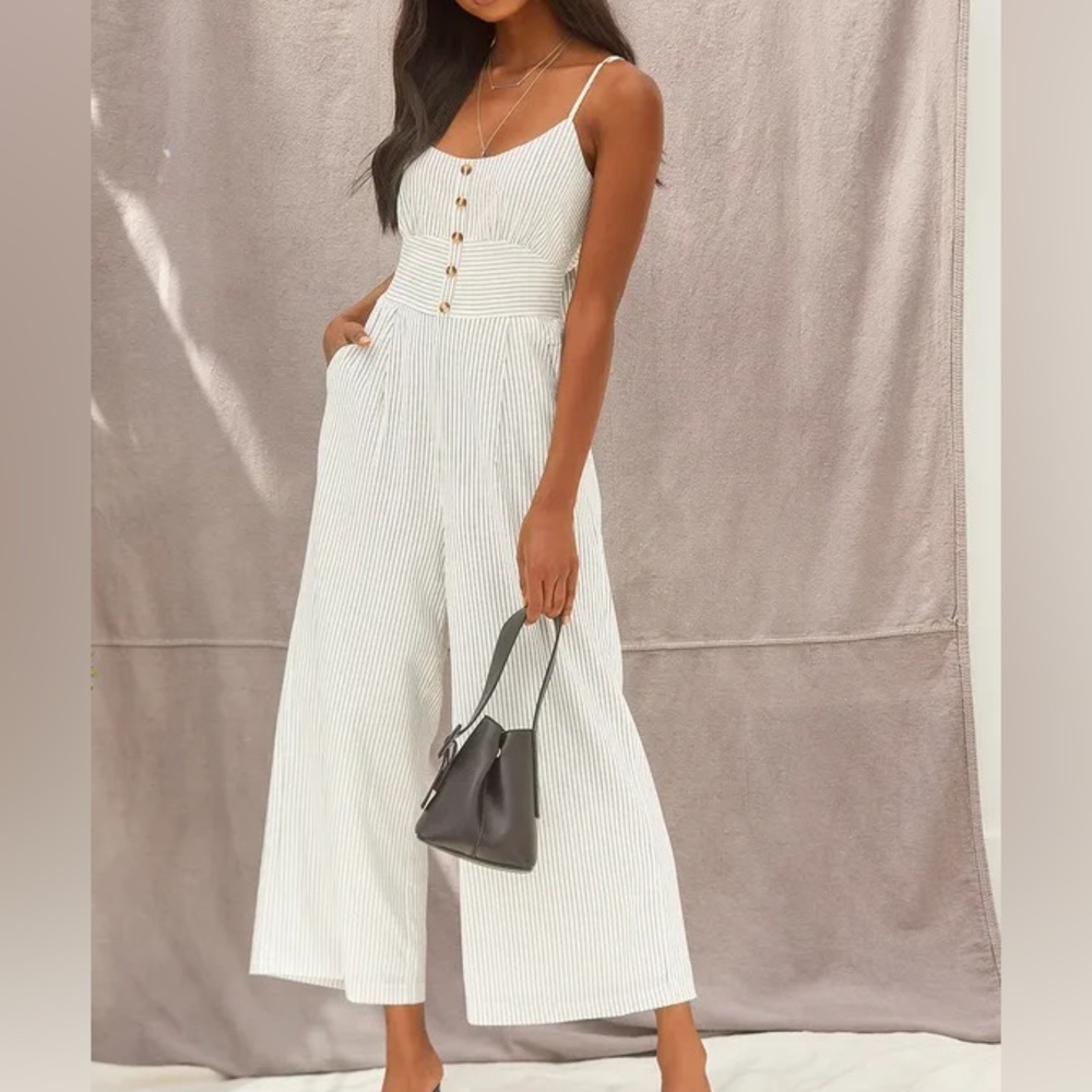 Lulus Coastal Air White Striped Tie-Back Culotte Jumpsuit